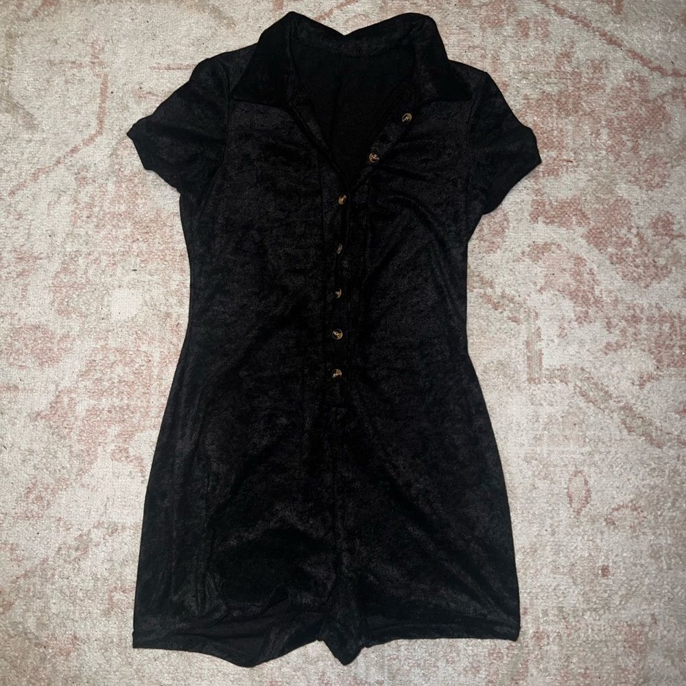 Black Terry Cloth Button-Up Romper